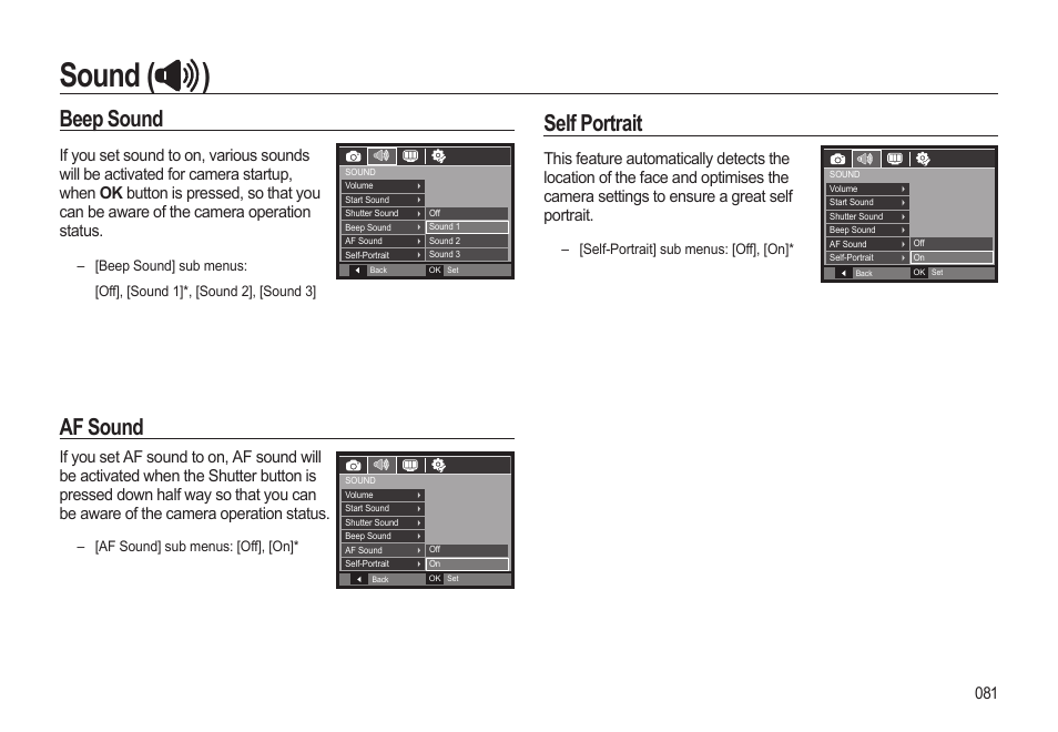Sound ( ), Self portrait, Beep sound | Af sound | Samsung EC-HZ15WABP-US User Manual | Page 82 / 117