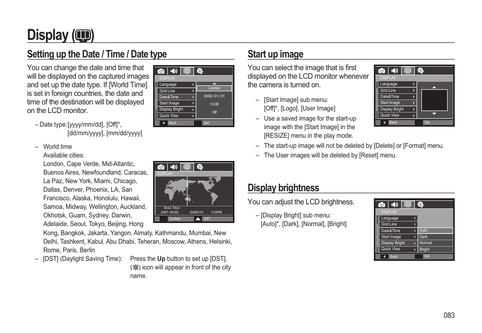 Display ( ), Setting up the date / time / date type, Start up image | Display brightness, You can adjust the lcd brightness | Samsung EC-HZ15WABP-US User Manual | Page 84 / 117