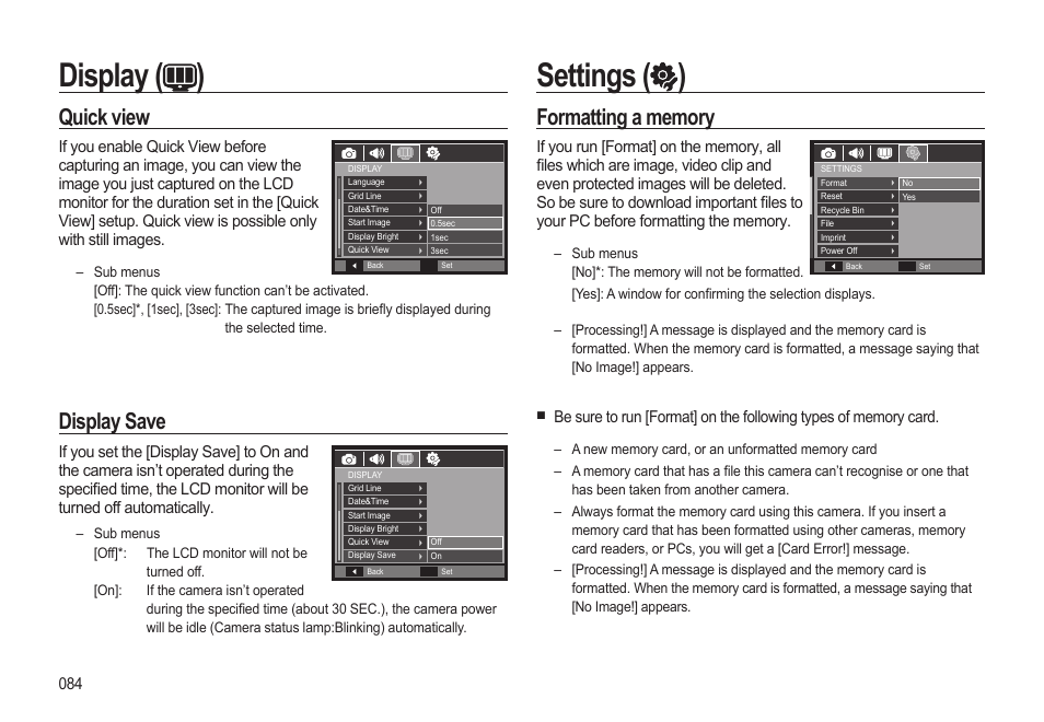 Display ( ), Settings ( ), Quick view | Display save | Samsung EC-HZ15WABP-US User Manual | Page 85 / 117