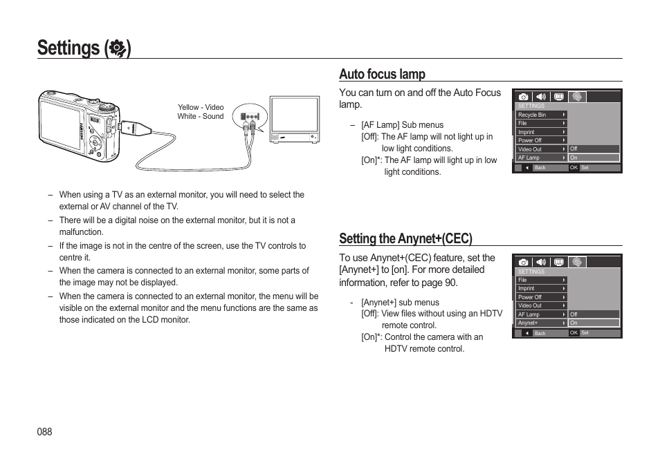 Settings ( ), Auto focus lamp, Setting the anynet+(cec) | Samsung EC-HZ15WABP-US User Manual | Page 89 / 117