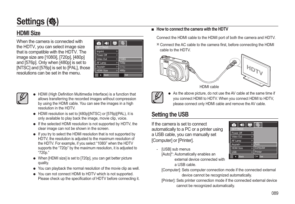 Settings ( ), Setting the usb, Hdmi size | Samsung EC-HZ15WABP-US User Manual | Page 90 / 117