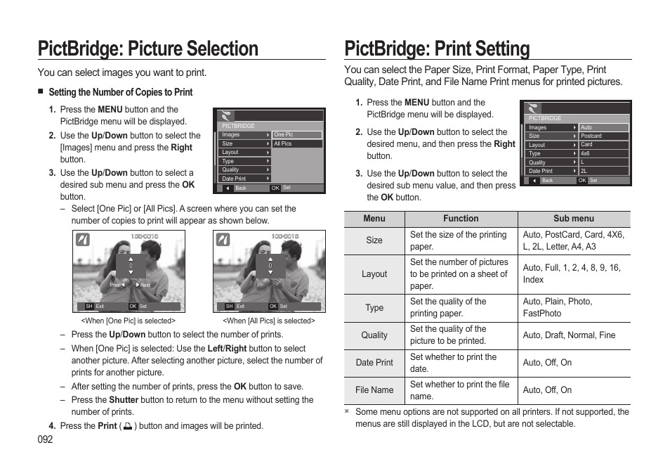 Pictbridge: picture selection, Pictbridge: print setting, You can select images you want to print | Setting the number of copies to print | Samsung EC-HZ15WABP-US User Manual | Page 93 / 117