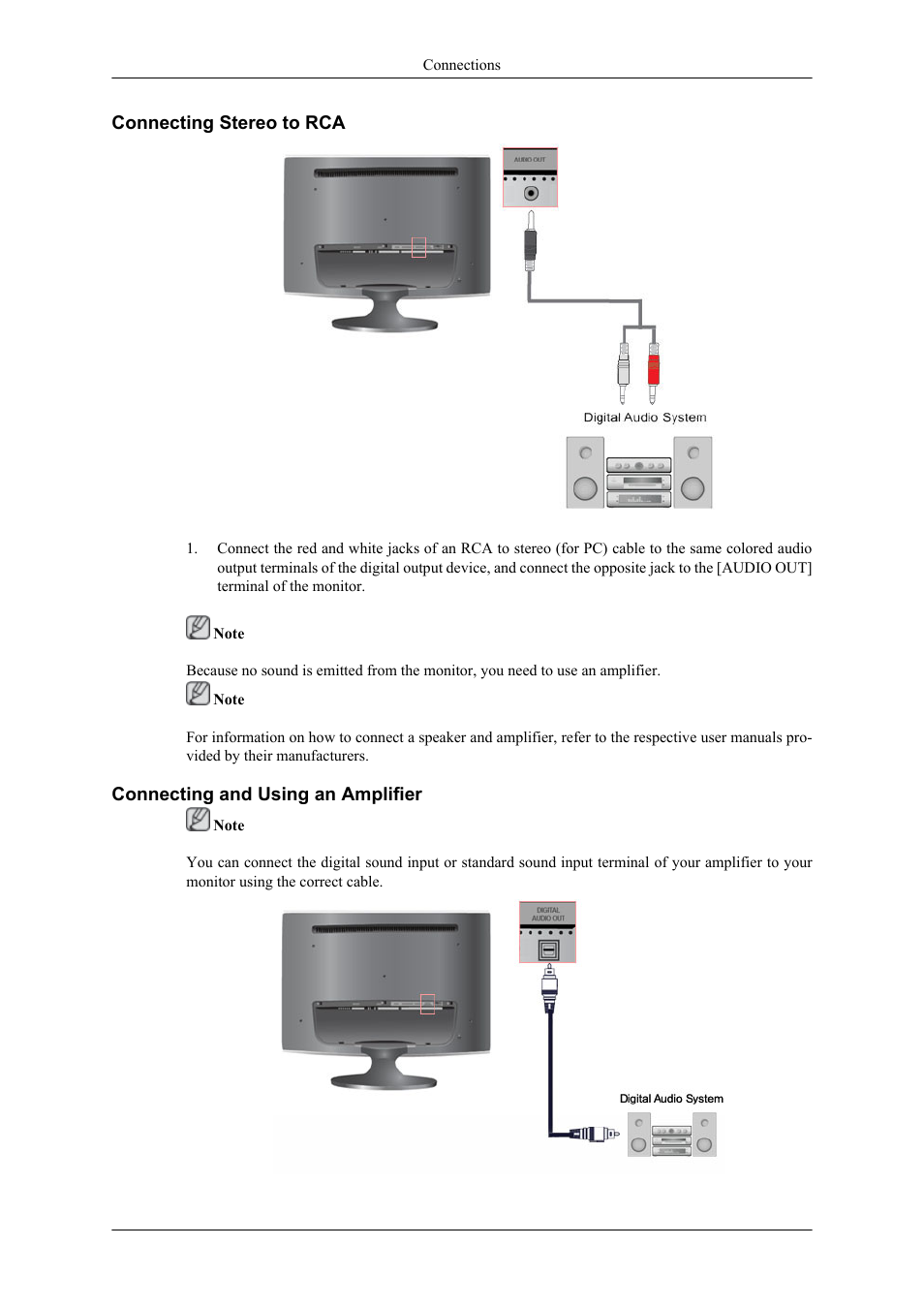 Connecting stereo to rca, Connecting and using an amplifier | Samsung LS26TWHSUV-ZA User Manual | Page 12 / 19