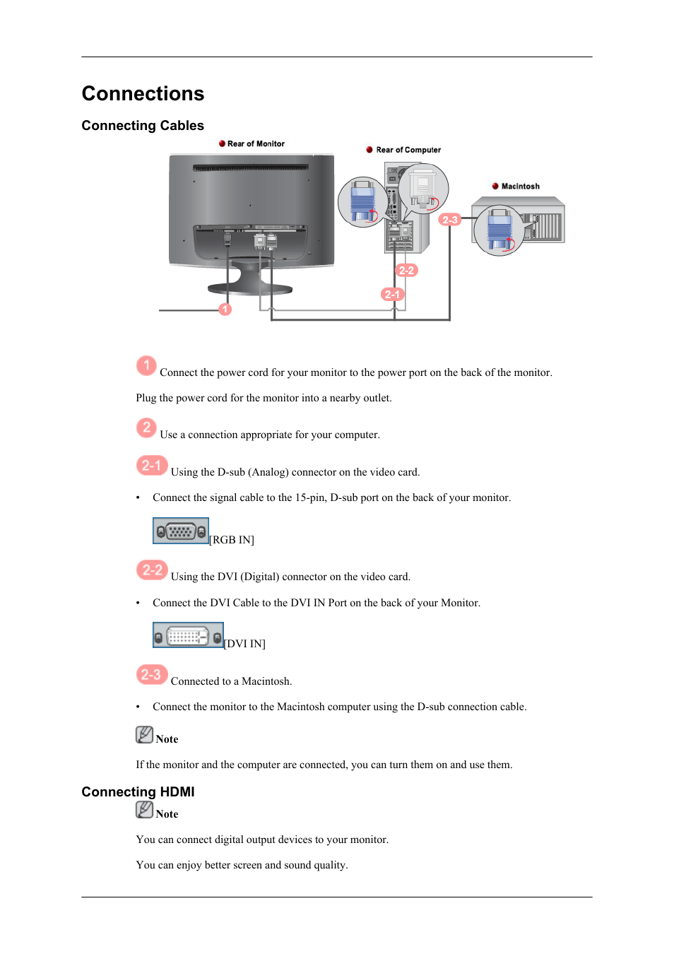 Connections, Connecting cables, Connecting hdmi | Samsung LS26TWHSUV-ZA User Manual | Page 8 / 19