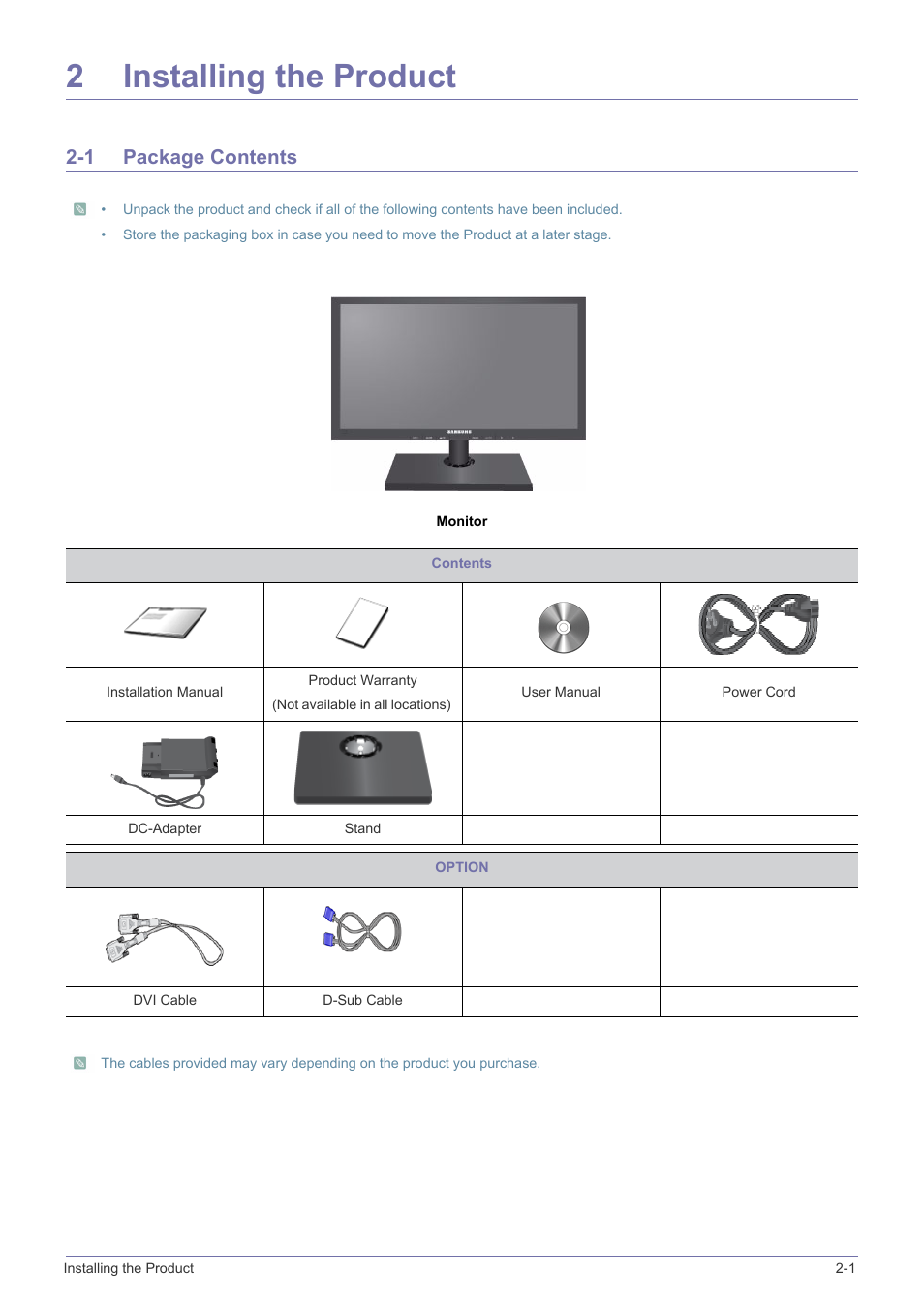 2 installing the product, 1 package contents, Installing the product | Package contents -1, 2installing the product | Samsung LS22A460BSU-ZA User Manual | Page 11 / 47