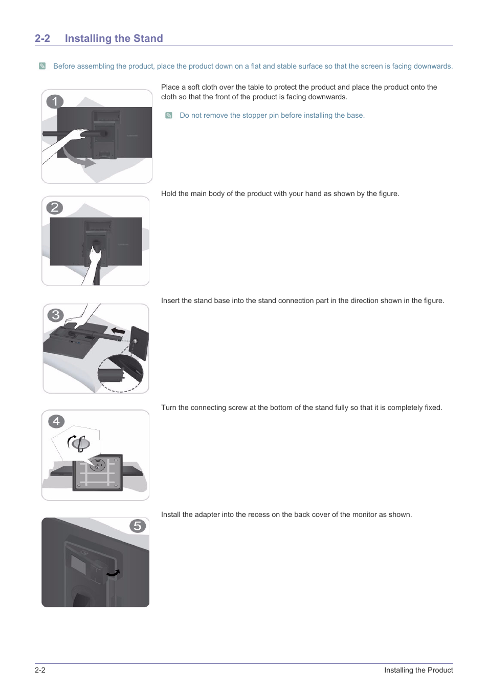 2 installing the stand, Installing the stand -2 | Samsung LS22A460BSU-ZA User Manual | Page 12 / 47