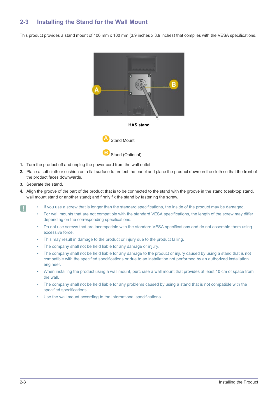 3 installing the stand for the wall mount, Installing the stand for the wall mount -3 | Samsung LS22A460BSU-ZA User Manual | Page 14 / 47