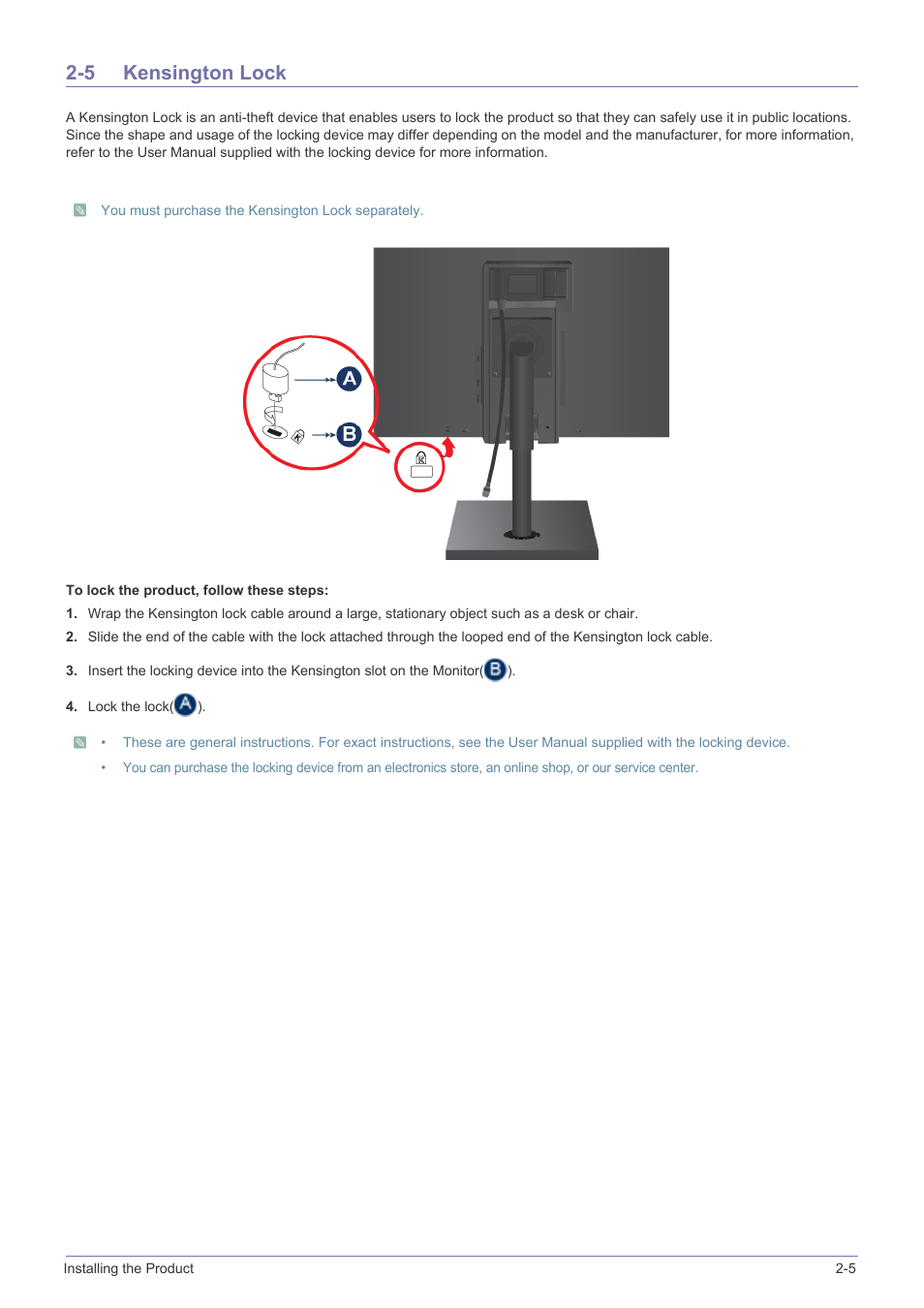 5 kensington lock, Kensington lock -5 | Samsung LS22A460BSU-ZA User Manual | Page 17 / 47