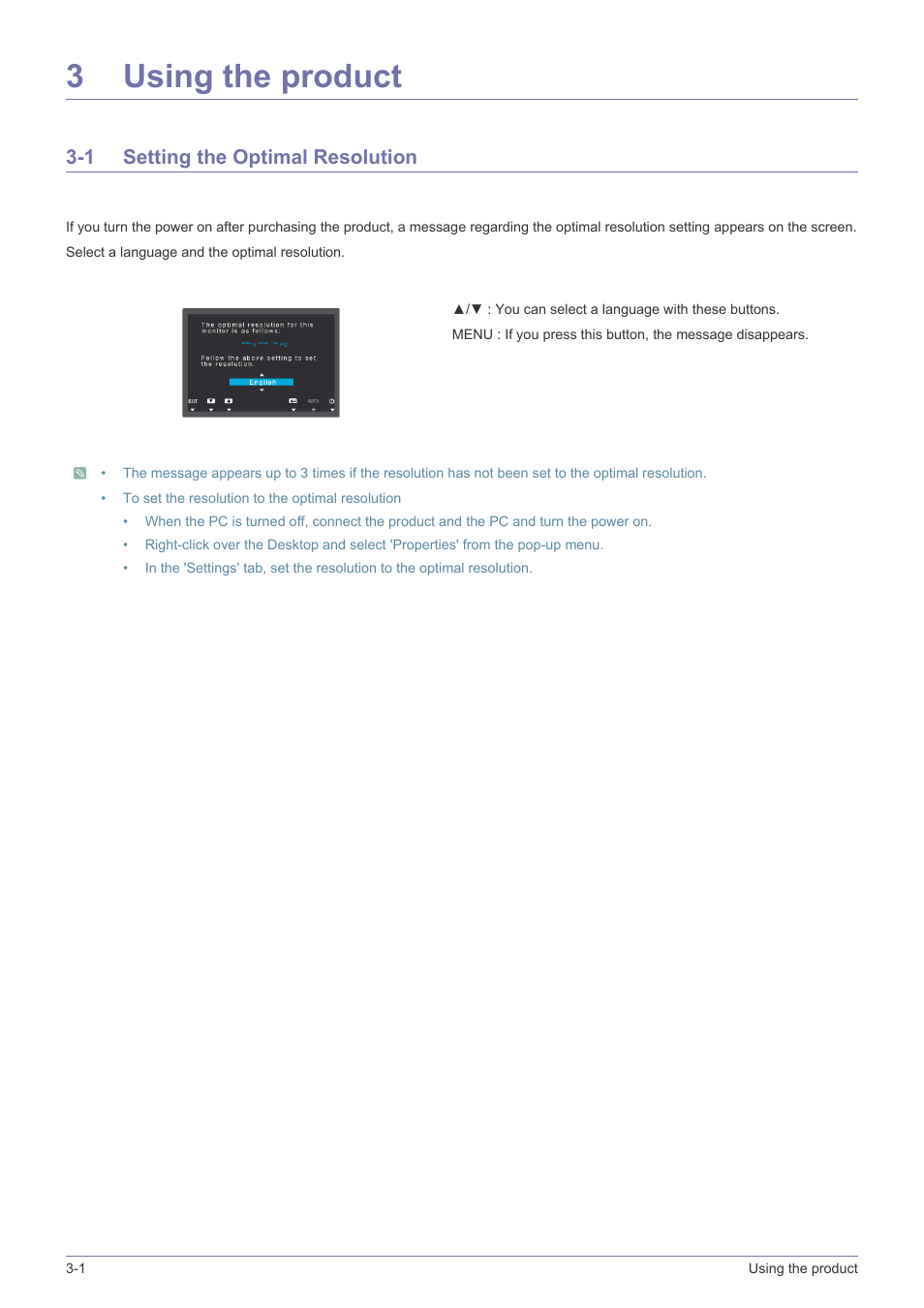 3 using the product, 1 setting the optimal resolution, Using the product | Setting the optimal resolution -1, 3using the product | Samsung LS22A460BSU-ZA User Manual | Page 18 / 47