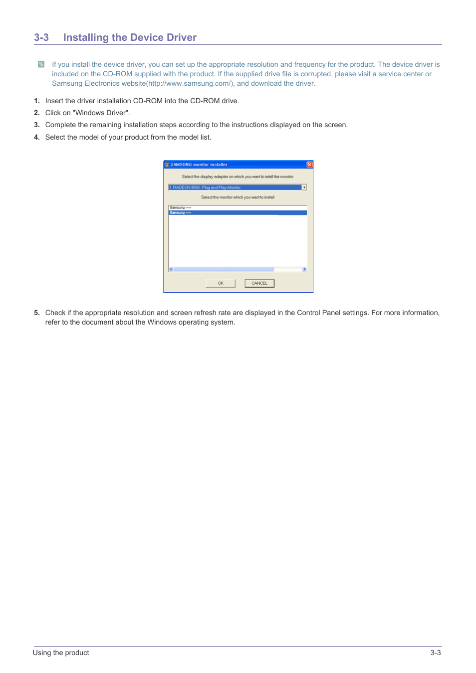 3 installing the device driver, Installing the device driver -3 | Samsung LS22A460BSU-ZA User Manual | Page 21 / 47