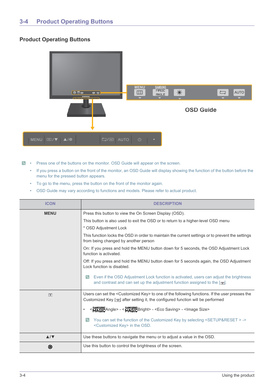 4 product operating buttons, Product operating buttons -4, Product operating buttons | Samsung LS22A460BSU-ZA User Manual | Page 22 / 47