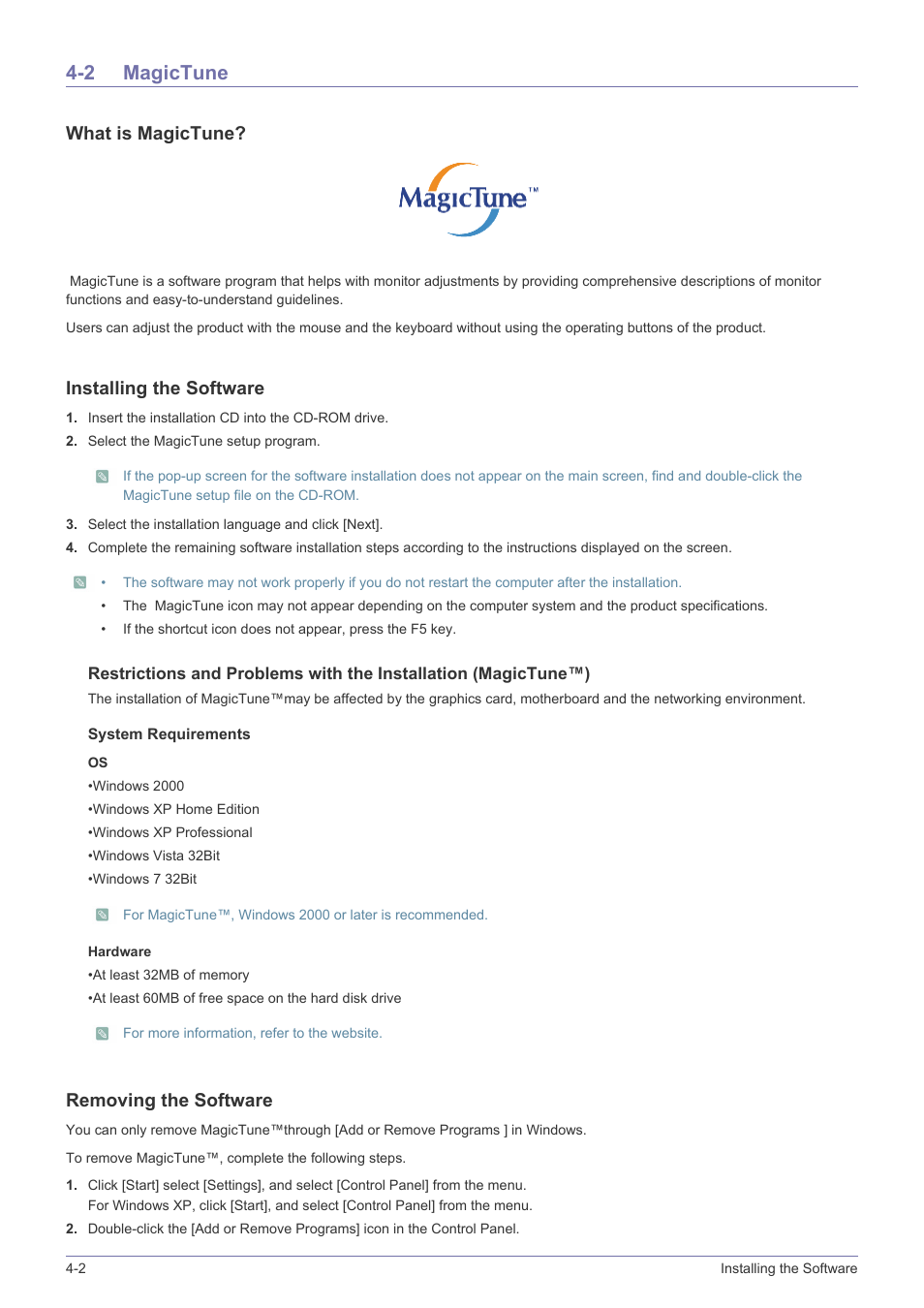 2 magictune, Magictune -2, What is magictune | Installing the software, Removing the software | Samsung LS22A460BSU-ZA User Manual | Page 32 / 47