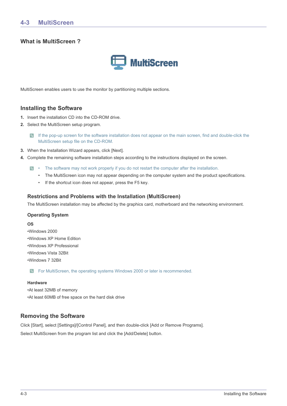 3 multiscreen, Multiscreen -3, What is multiscreen | Installing the software, Removing the software | Samsung LS22A460BSU-ZA User Manual | Page 34 / 47