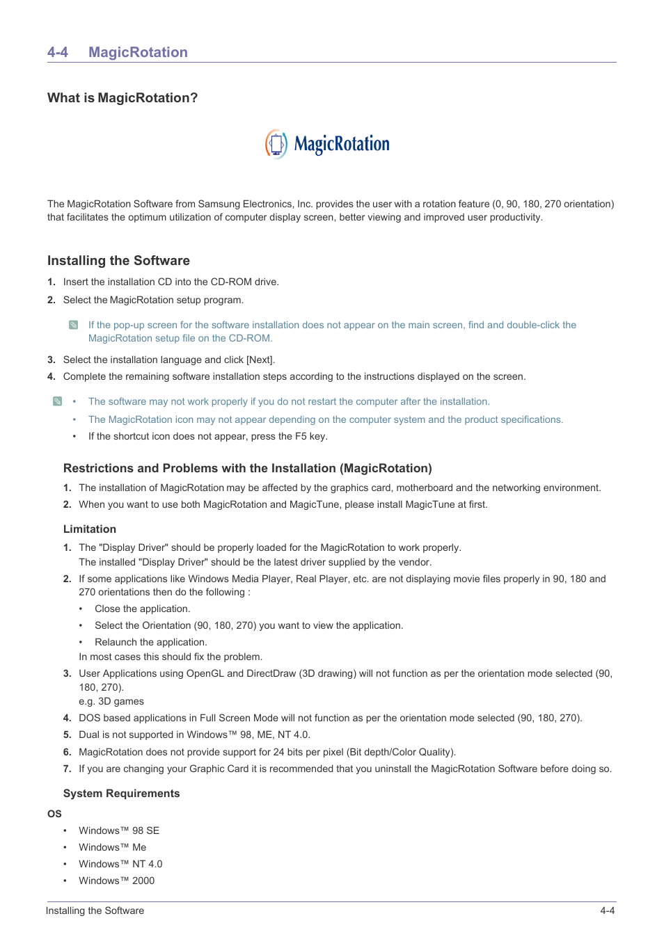 4 magicrotation, Magicrotation -4, What is magicrotation | Installing the software | Samsung LS22A460BSU-ZA User Manual | Page 35 / 47