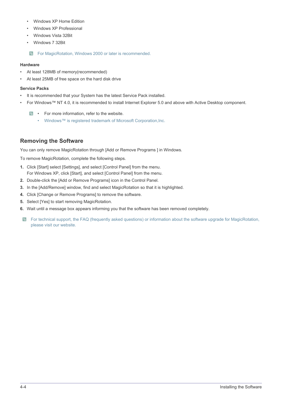 Removing the software | Samsung LS22A460BSU-ZA User Manual | Page 36 / 47