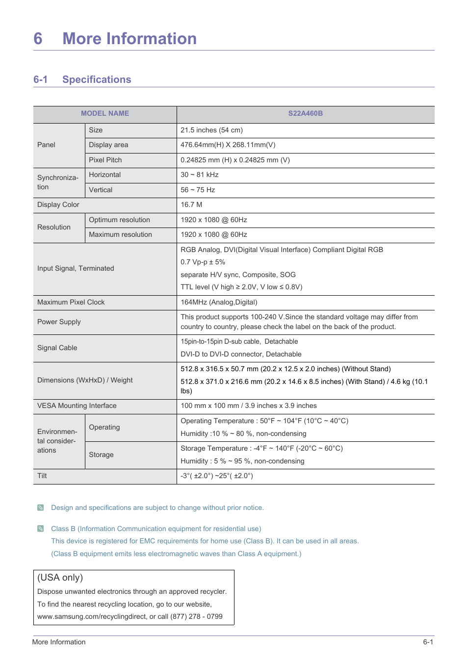 6 more information, 1 specifications, More information | Specifications -1, 6more information, Usa only) | Samsung LS22A460BSU-ZA User Manual | Page 41 / 47