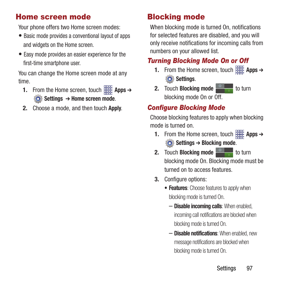 Home screen mode, Blocking mode, Home screen mode blocking mode | Samsung SPH-M840MBAVMU User Manual | Page 101 / 168