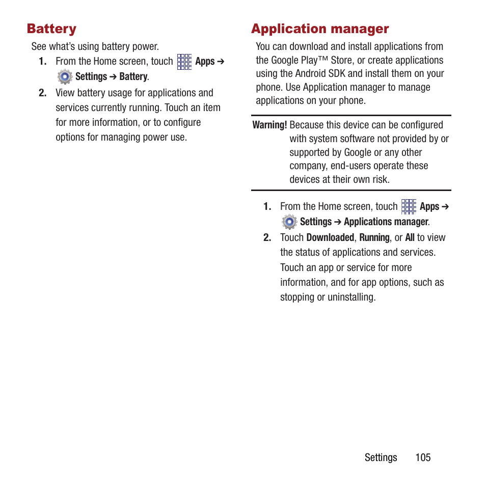 Battery, Application manager, Battery application manager | Samsung SPH-M840MBAVMU User Manual | Page 109 / 168