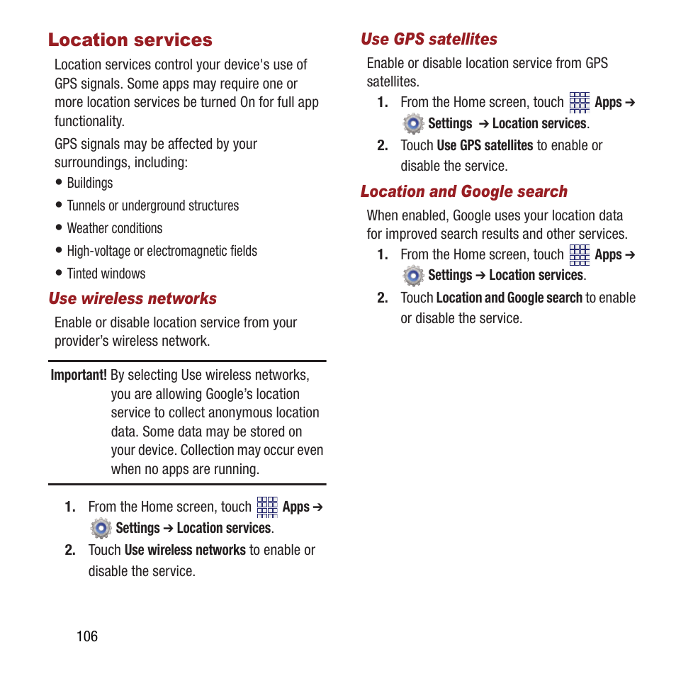 Location services, See “use | Samsung SPH-M840MBAVMU User Manual | Page 110 / 168