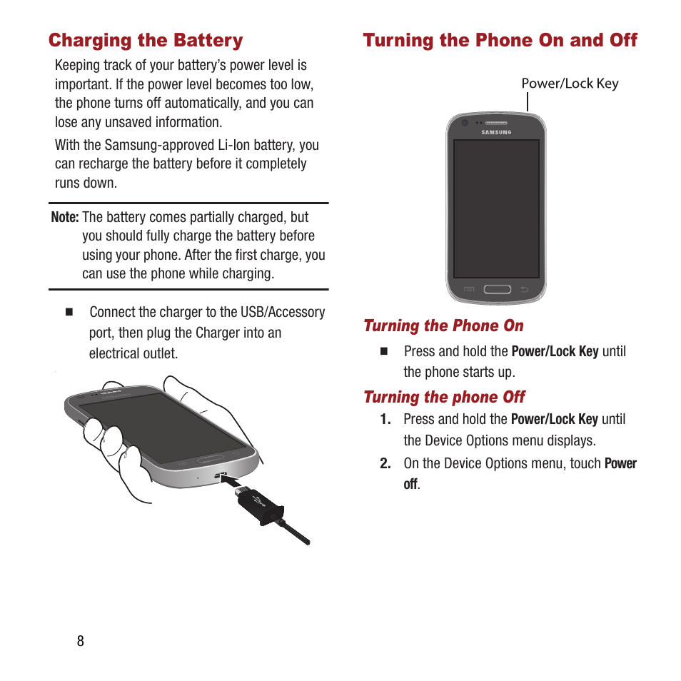 Charging the battery, Turning the phone on and off, Charging the battery turning the phone on and off | Samsung SPH-M840MBAVMU User Manual | Page 12 / 168