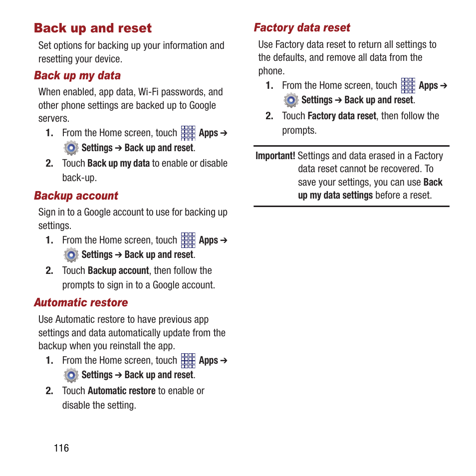 Back up and reset | Samsung SPH-M840MBAVMU User Manual | Page 120 / 168