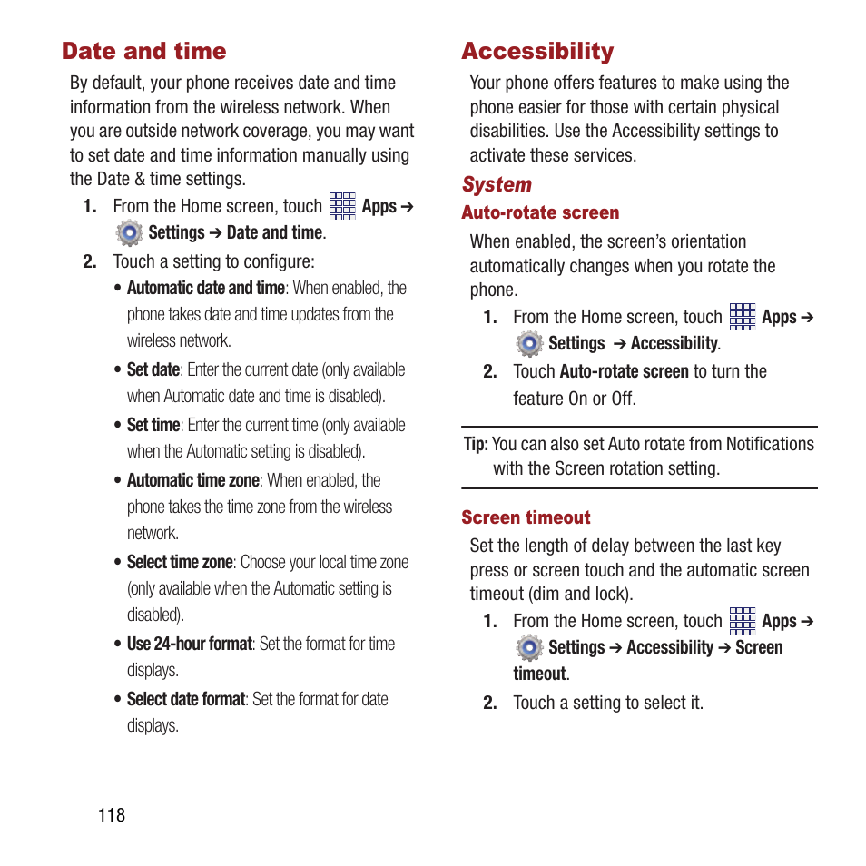 Date and time, Accessibility, Date and time accessibility | Samsung SPH-M840MBAVMU User Manual | Page 122 / 168