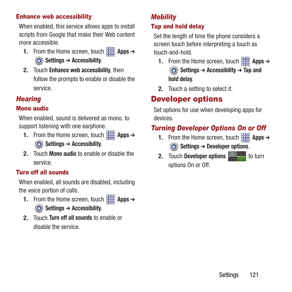 Developer options | Samsung SPH-M840MBAVMU User Manual | Page 125 / 168