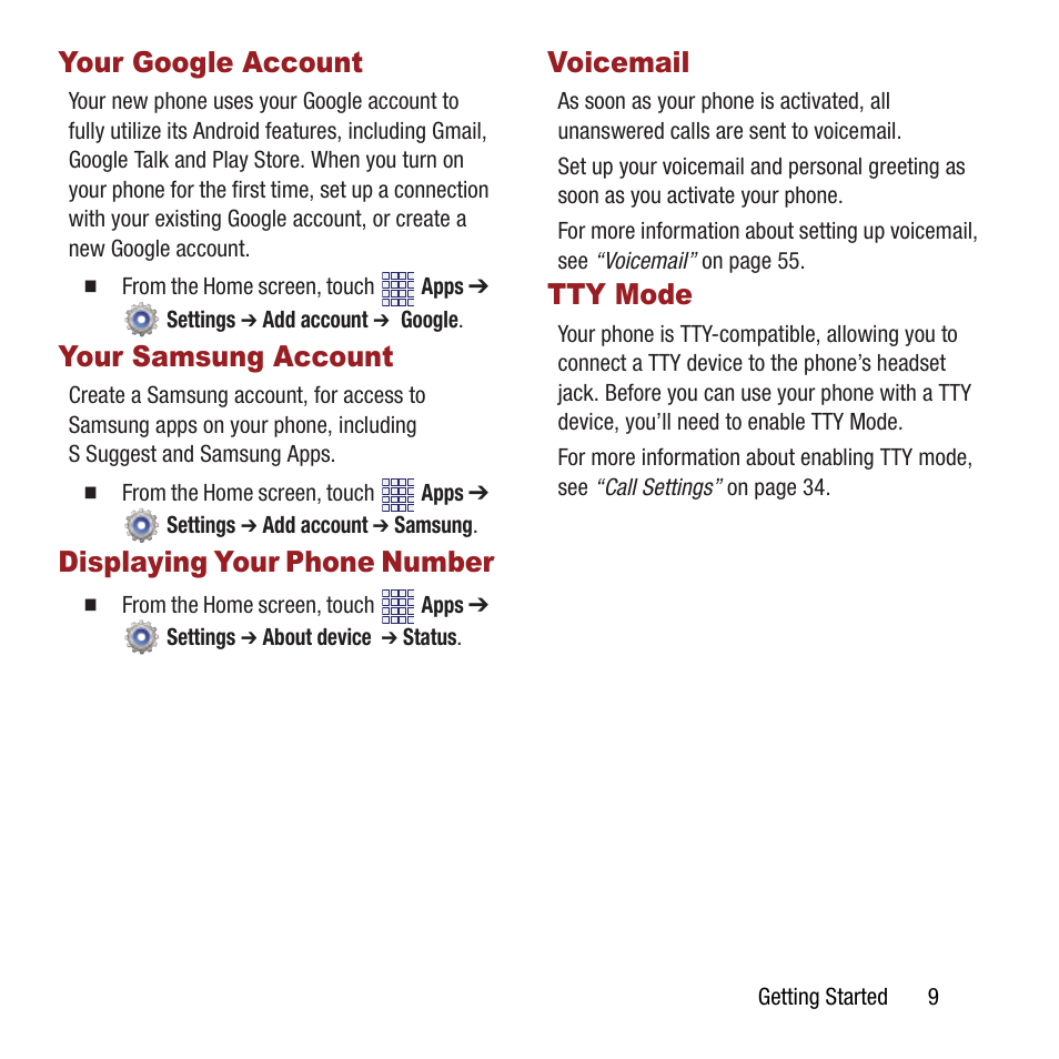 Your google account, Your samsung account, Displaying your phone number | Voicemail, Tty mode | Samsung SPH-M840MBAVMU User Manual | Page 13 / 168