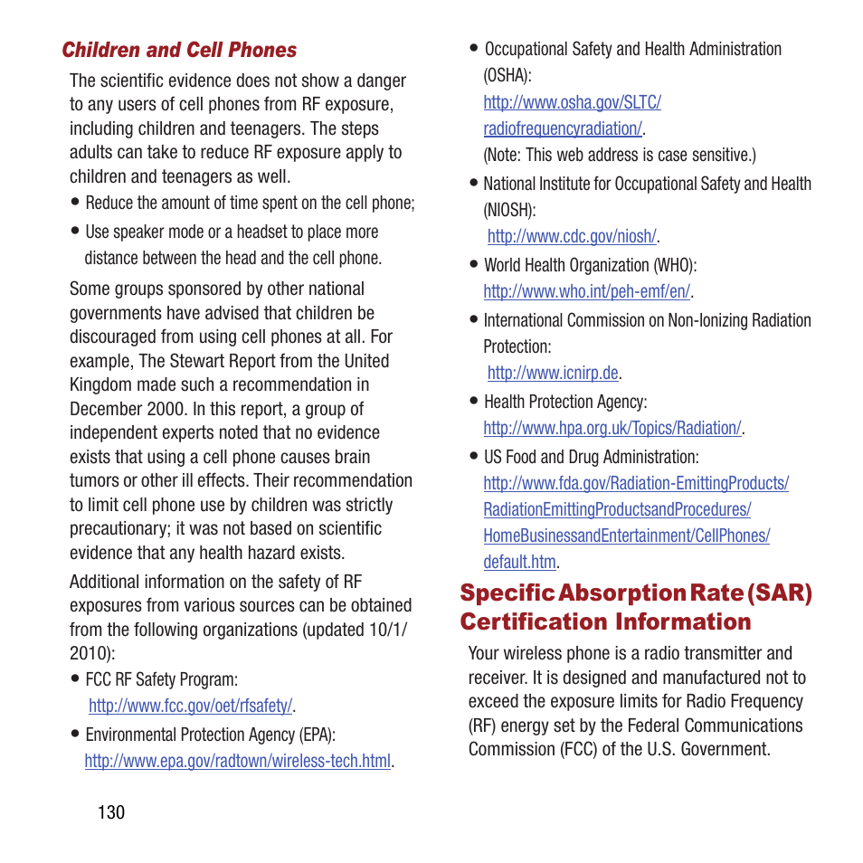 Specific absorption rate (sar), Certification information | Samsung SPH-M840MBAVMU User Manual | Page 134 / 168