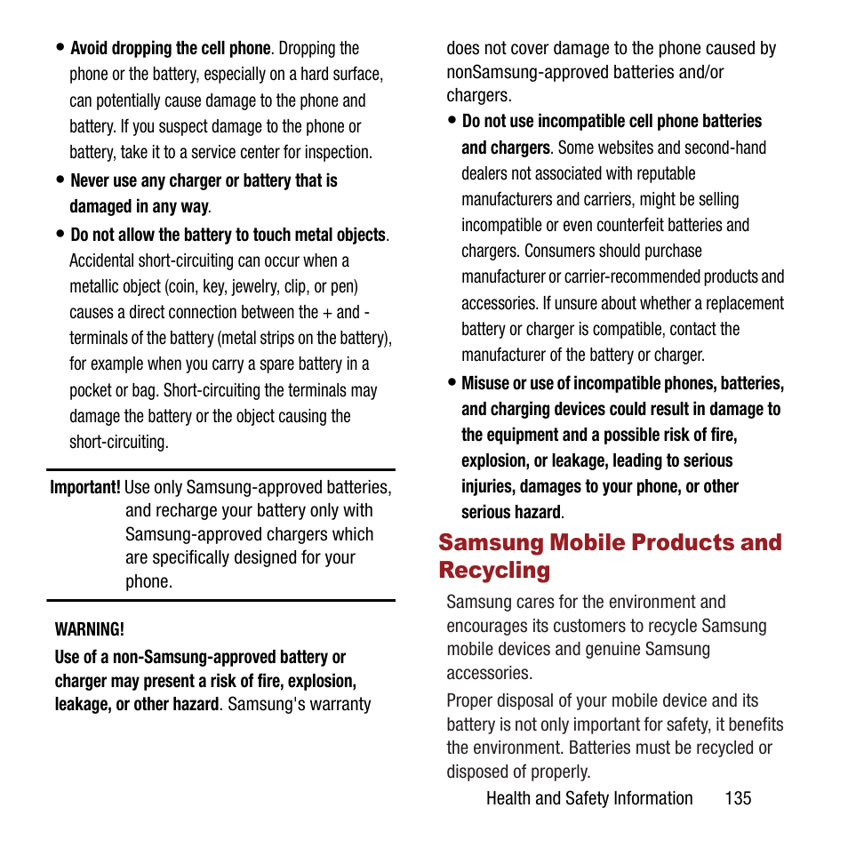 Samsung mobile products and recycling, Samsung mobile products and, Recycling | Samsung SPH-M840MBAVMU User Manual | Page 139 / 168