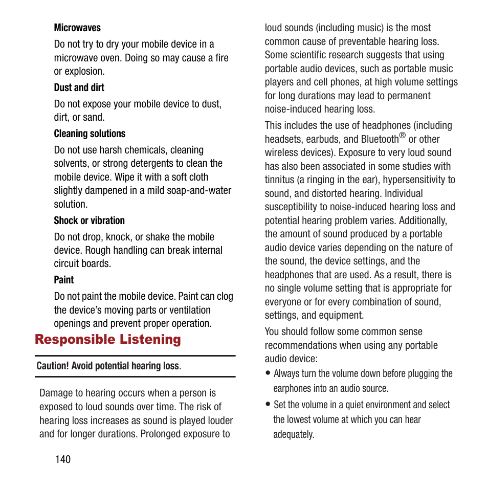 Responsible listening | Samsung SPH-M840MBAVMU User Manual | Page 144 / 168