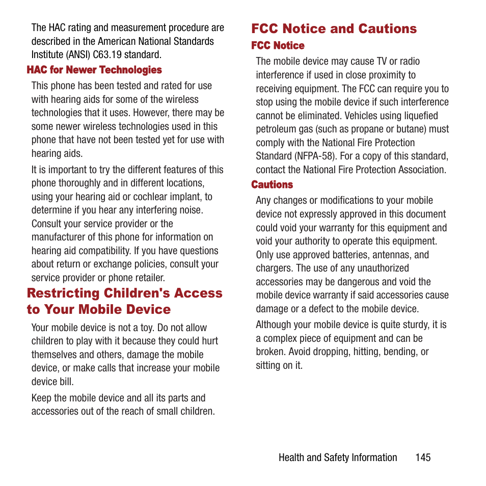 Fcc notice and cautions, Restricting children's access to, Your mobile device | Samsung SPH-M840MBAVMU User Manual | Page 149 / 168