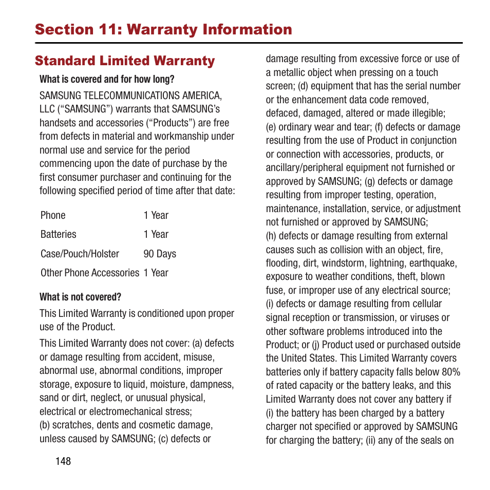 Section 11: warranty information, Standard limited warranty, Section 11: warranty information 148 | Samsung SPH-M840MBAVMU User Manual | Page 152 / 168