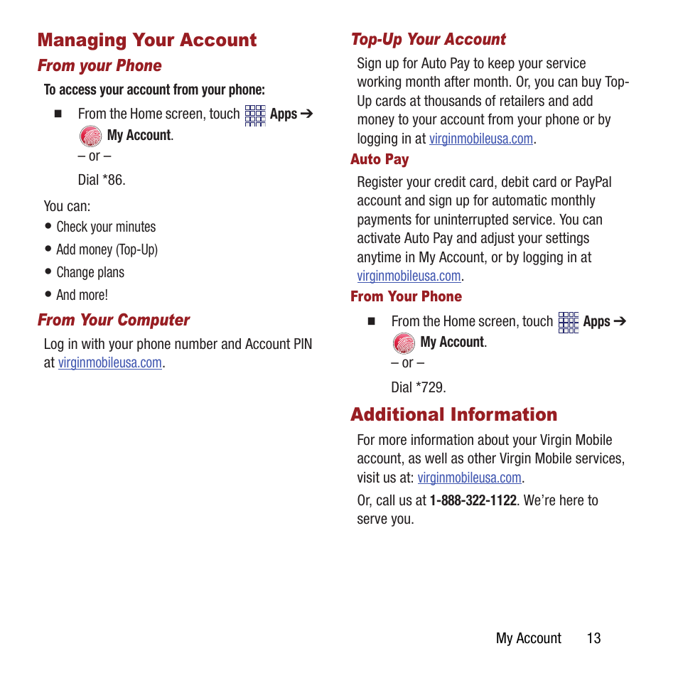 Managing your account, Additional information, Managing your account additional information | Samsung SPH-M840MBAVMU User Manual | Page 17 / 168