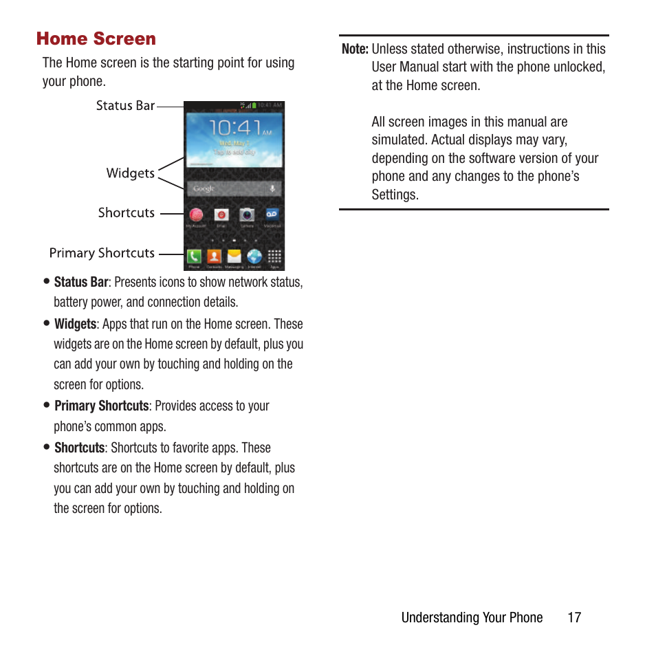 Home screen | Samsung SPH-M840MBAVMU User Manual | Page 21 / 168