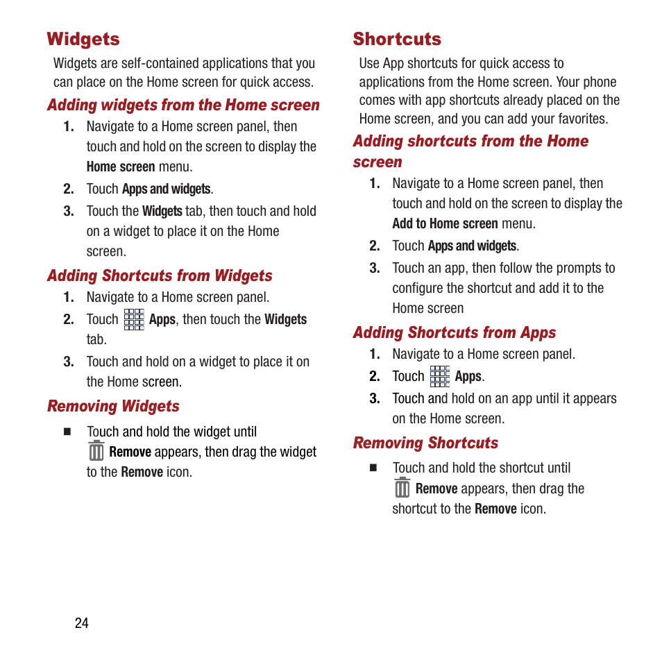 Widgets, Shortcuts, Widgets shortcuts | Samsung SPH-M840MBAVMU User Manual | Page 28 / 168