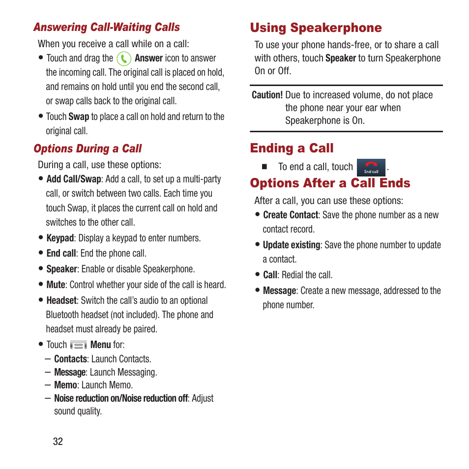 Using speakerphone, Ending a call, Options after a call ends | Samsung SPH-M840MBAVMU User Manual | Page 36 / 168