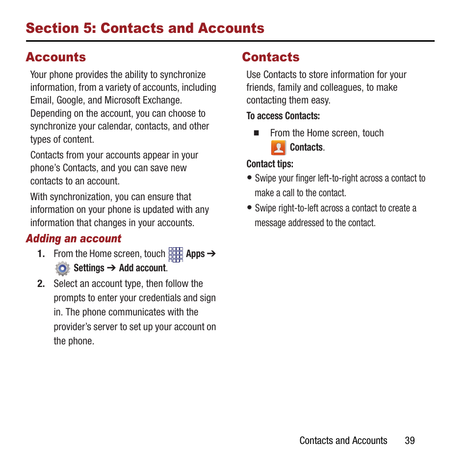 Section 5: contacts and accounts, Accounts, Contacts | Section 5: contacts and accounts . 39, Accounts contacts | Samsung SPH-M840MBAVMU User Manual | Page 43 / 168