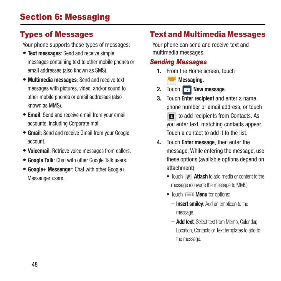Section 6: messaging, Types of messages, Text and multimedia messages | Types of messages text and multimedia messages, See “sending messages” on | Samsung SPH-M840MBAVMU User Manual | Page 52 / 168