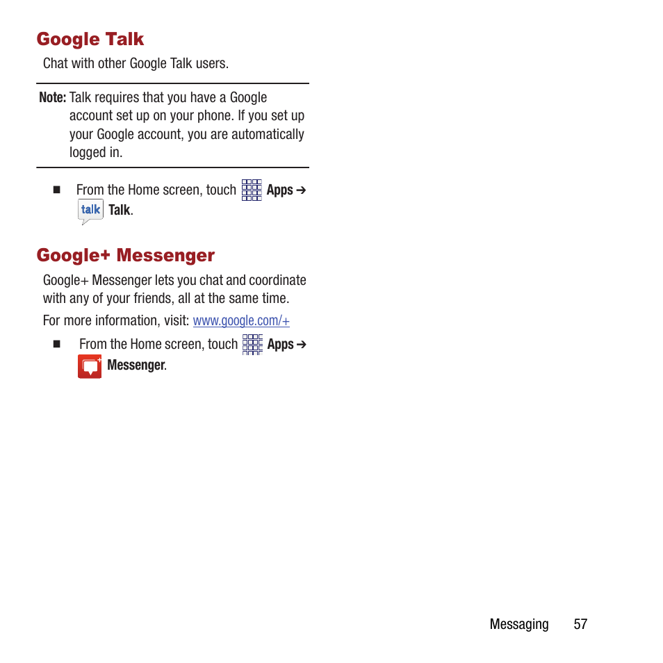 Google talk, Google+ messenger, Google talk google+ messenger | Samsung SPH-M840MBAVMU User Manual | Page 61 / 168