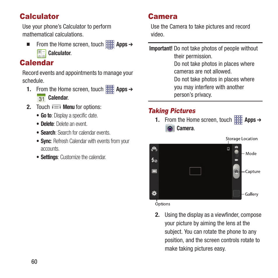 Calculator, Calendar, Camera | Calculator calendar camera, Calculator camera | Samsung SPH-M840MBAVMU User Manual | Page 64 / 168
