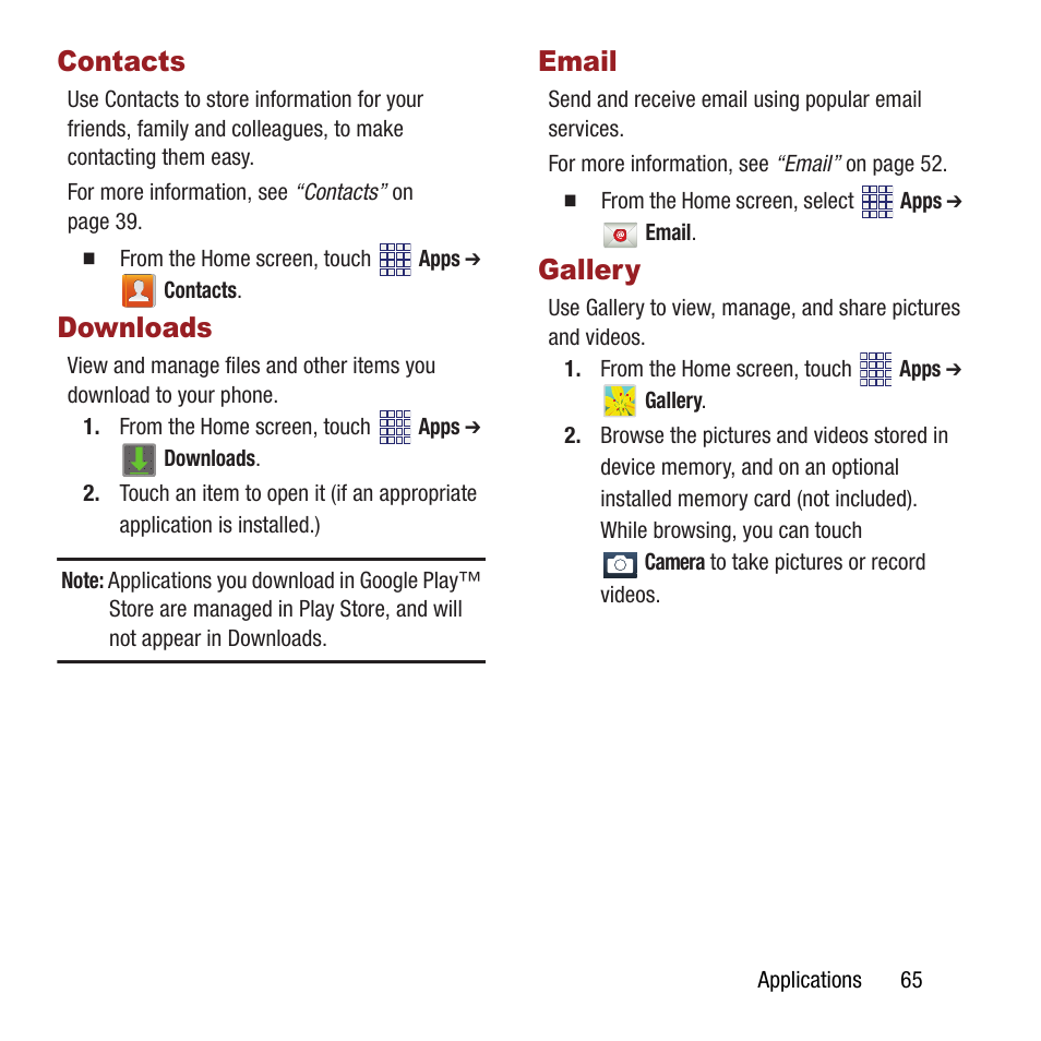 Contacts, Downloads, Email | Gallery, Contacts downloads email gallery | Samsung SPH-M840MBAVMU User Manual | Page 69 / 168
