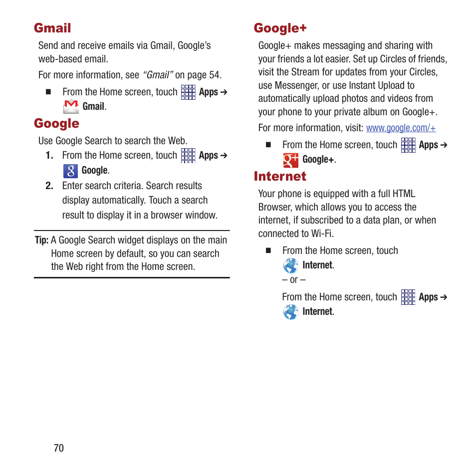 Gmail, Google, Internet | Gmail google google+ internet | Samsung SPH-M840MBAVMU User Manual | Page 74 / 168