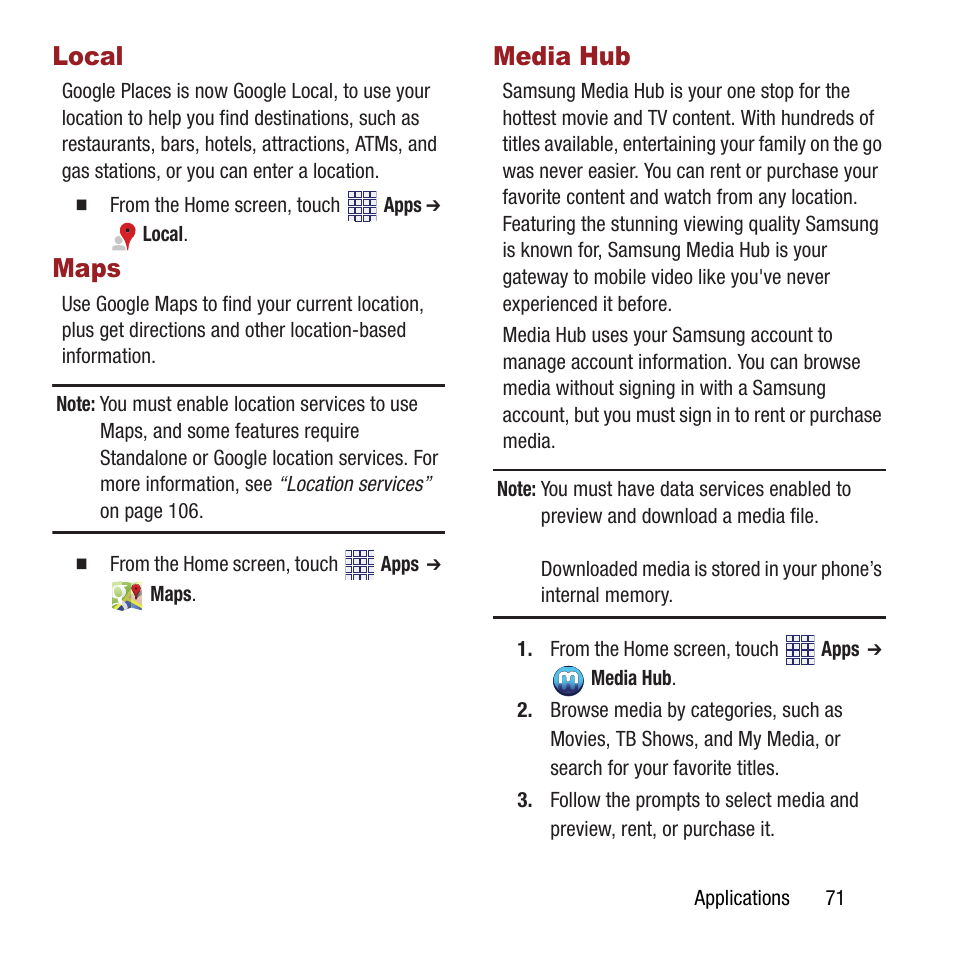 Local, Maps, Media hub | Local maps media hub | Samsung SPH-M840MBAVMU User Manual | Page 75 / 168
