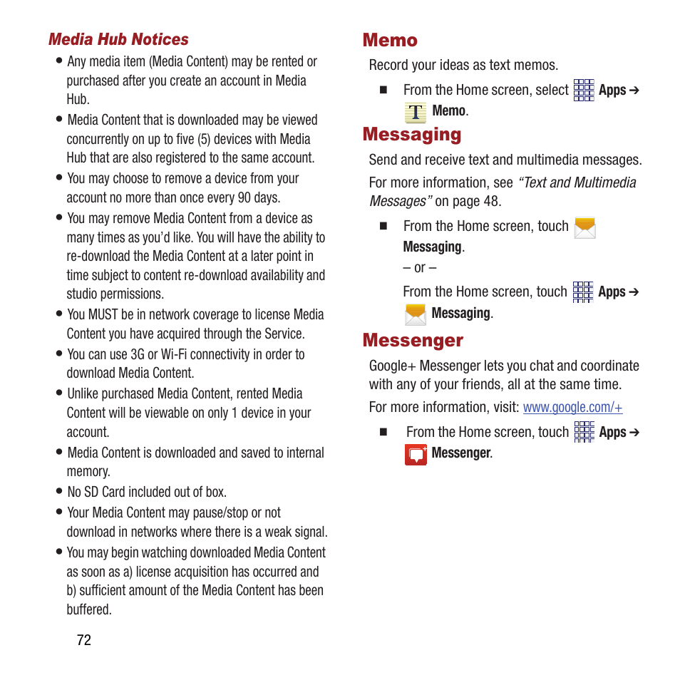 Memo, Messaging, Messenger | Memo messaging messenger | Samsung SPH-M840MBAVMU User Manual | Page 76 / 168