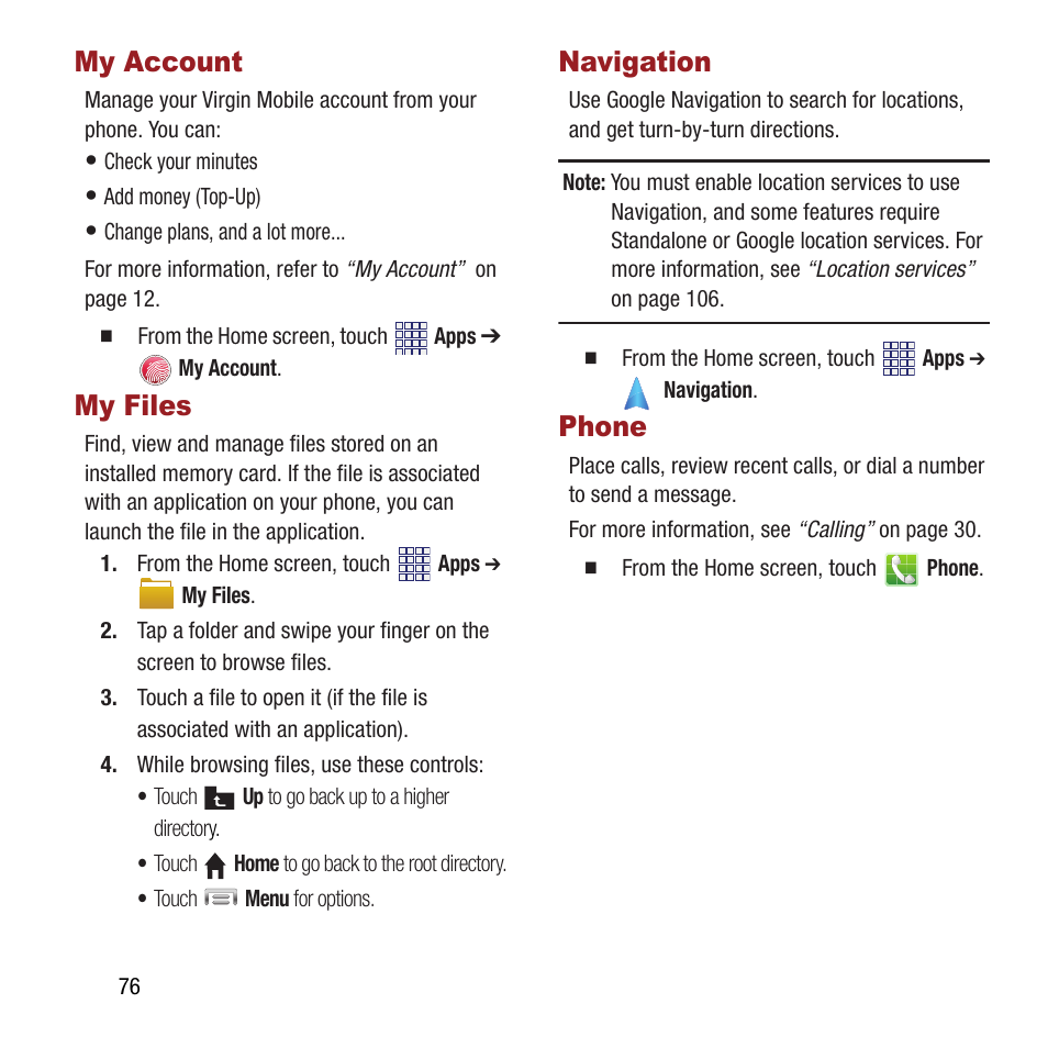 My account, My files, Navigation | Phone, My account my files navigation phone | Samsung SPH-M840MBAVMU User Manual | Page 80 / 168