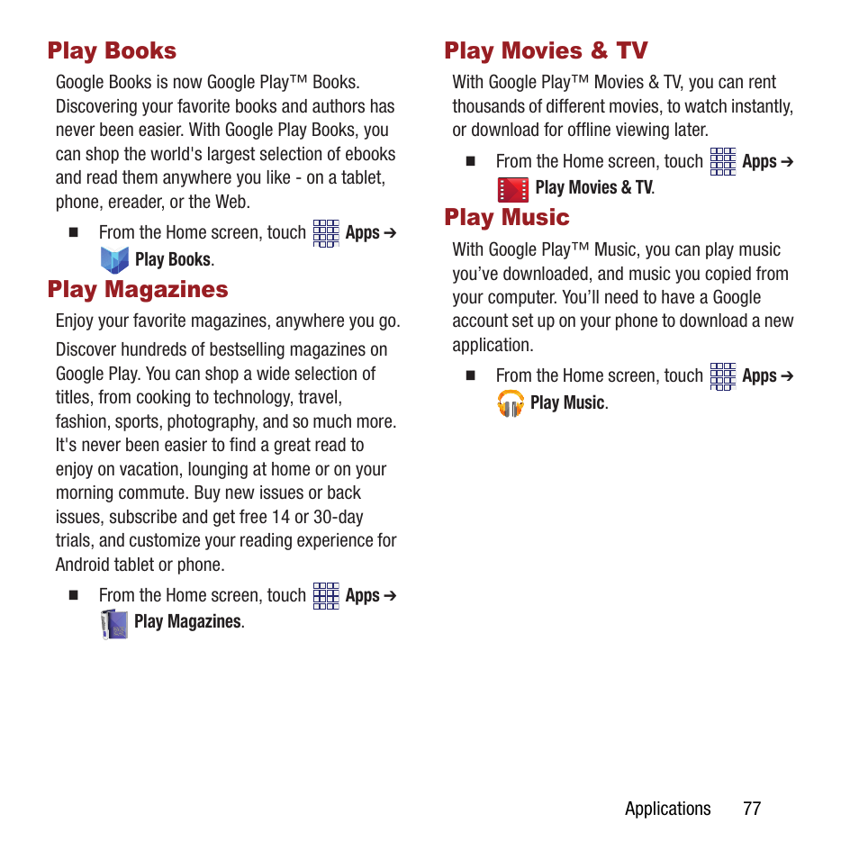 Play books, Play magazines, Play movies & tv | Play music, Play magazines play movies & tv play music | Samsung SPH-M840MBAVMU User Manual | Page 81 / 168