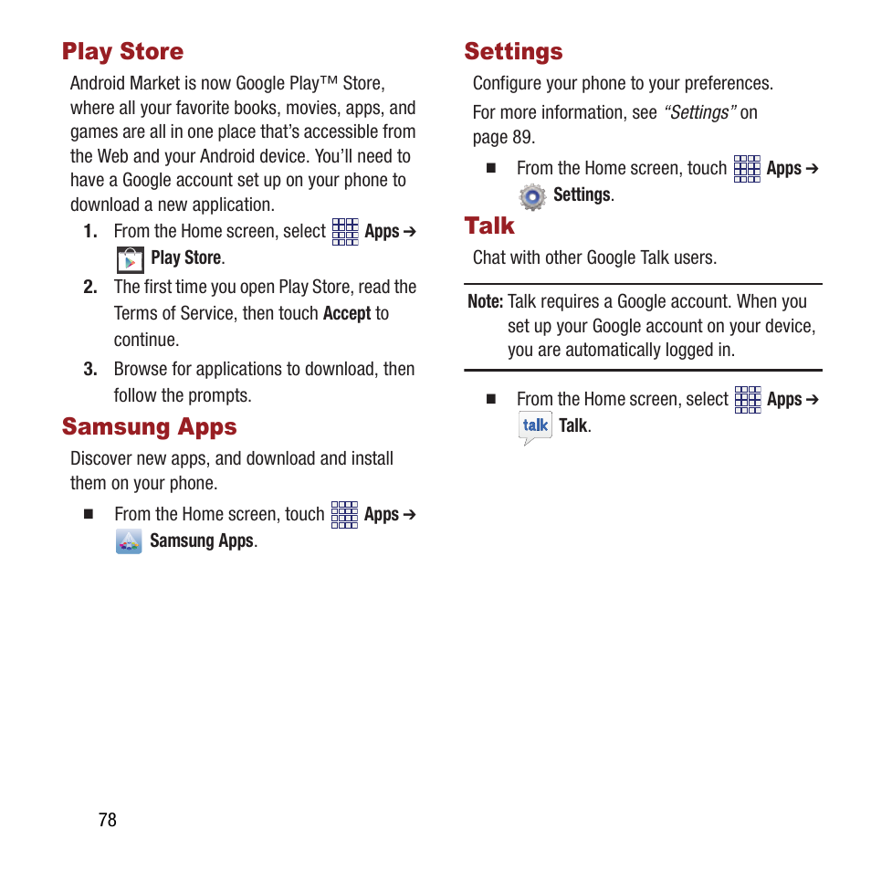 Play store, Samsung apps, Settings | Talk, Play store samsung apps settings talk | Samsung SPH-M840MBAVMU User Manual | Page 82 / 168