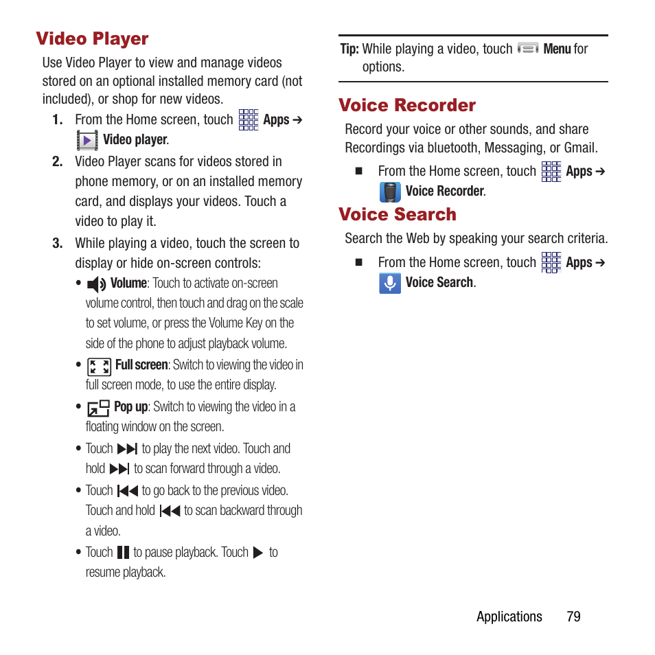 Video player, Voice recorder, Voice search | Video player voice recorder voice search | Samsung SPH-M840MBAVMU User Manual | Page 83 / 168