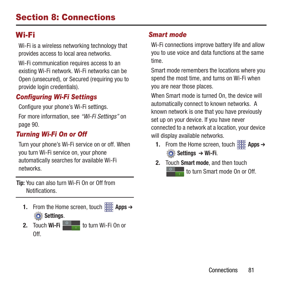 Section 8: connections, Wi-fi, See “wi-fi” on | Samsung SPH-M840MBAVMU User Manual | Page 85 / 168